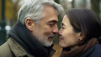 Two adults, outdoors, smiling, in love, embracing, enjoying nature together generated by AI photo