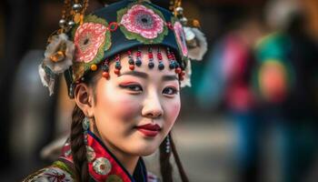 Smiling young adult girl in traditional clothing at a traditional festival generated by AI photo