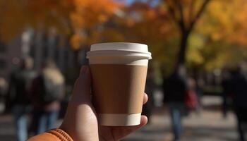 Hand holding coffee cup, walking outdoors, enjoying autumn nature generated by AI photo