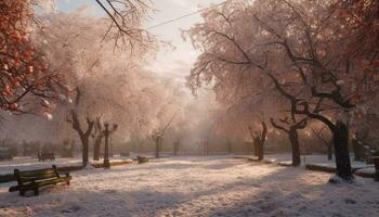 Winter landscape snow covered tree branch in tranquil forest, under sunlight generated by AI photo