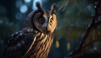 Large bird of prey perching on branch, staring with intense eyes generated by AI photo