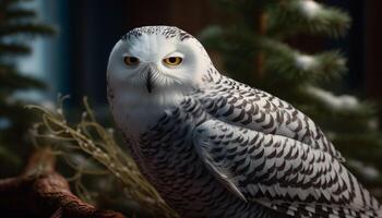 Bird of prey perching on branch, staring with intense yellow eye generated by AI photo