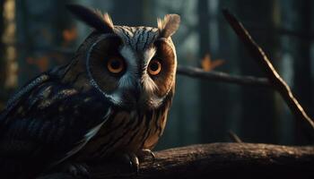 Majestic owl perched on branch, staring with piercing yellow eyes generated by AI photo