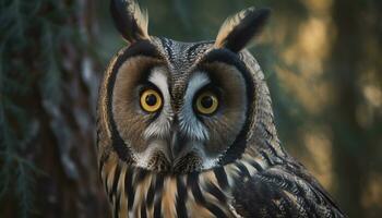 Eagle owl perching on branch, staring with piercing blue eyes generated by AI photo