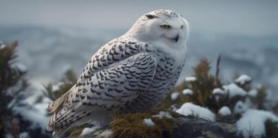 Nevado búho encaramado en un árbol, curioso con perforación ojos generado por ai foto