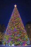 A big tall Christmas Tree and many gift boxes in a snowy downtown in the night, AI Generated photo