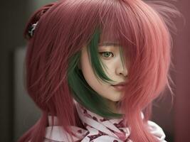 retrato de rosado y verde peludo japonés joven mujer generado con ai foto