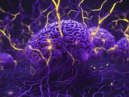 Surreal purple brain and Neural network with electrical activity as Generative AI illustration photo