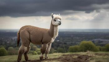 linda alpaca pasto en verde césped en rural granja generado por ai foto