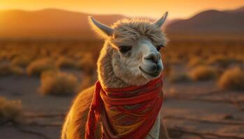 Alpaca, camel, sunset, portrait, rural scene, grass, livestock, sand, adventure, heat generated by AI photo