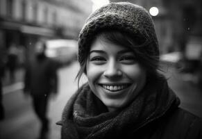 sonriente joven mujer al aire libre, retrato de felicidad y belleza generado por ai foto