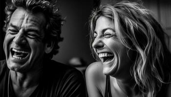 sonriente hombres y mujer, negro y blanco, disfrutando la vida nocturna juntos generado por ai foto