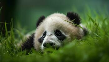 Cute panda sitting on grass, looking at camera, eating bamboo generated by AI photo