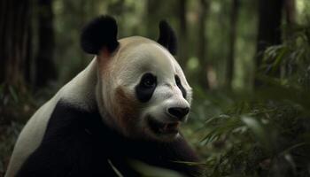 Cute panda eating bamboo in the wild, close up of animal generated by AI photo