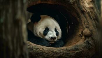 un linda gigante panda comiendo bambú en el salvaje bosque generado por ai foto