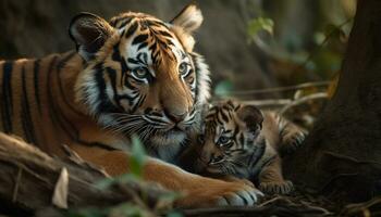 Bengala Tigre cachorro curioso, belleza en naturaleza, gato montés en césped generado por ai foto