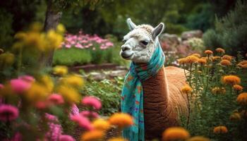 Cute alpaca grazing on green grass, looking at camera curiously generated by AI photo