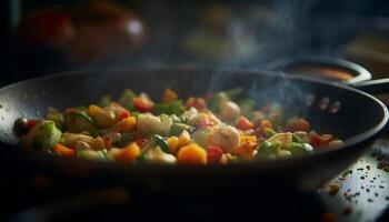 Fresh, healthy vegetables cooked with organic ingredients on a wooden plate generated by AI photo