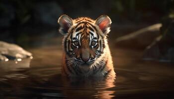 Bengal tiger, striped beauty in nature, staring at camera, tranquil scene generated by AI photo