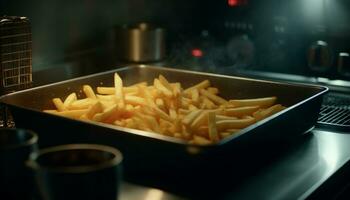 Freshly cooked French fries on a metal plate, indoors, close up generated by AI photo