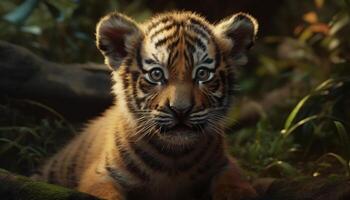 Tiger, nature beauty, striped feline, endangered species, tropical rainforest generated by AI photo