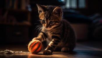 Cute kitten playing with ball, striped fur, looking at camera generated by AI photo