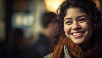 sonriente mujer irradiar felicidad, confianza, y despreocupado disfrute en naturaleza generado por ai foto