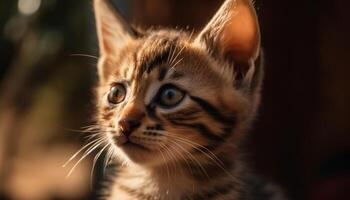 Cute kitten staring, playful and curious, fluffy fur, softness in nature generated by AI photo