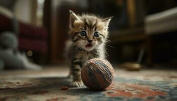 Cute kitten playing with a toy ball, looking at camera generated by AI photo