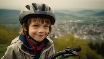 Smiling child cycling outdoors, enjoying adventure and cheerful childhood sport generated by AI photo