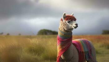 alpaca pasto en vibrante prado, exhibiendo indígena cultura y belleza generado por ai foto