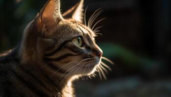 Cute kitten sitting outdoors, staring with curious green eyes generated by AI photo