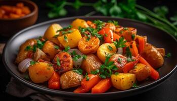 Freshness and healthy eating on a plate of cooked vegetarian food generated by AI photo