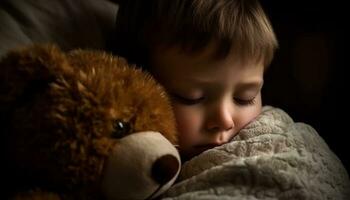 A cute child embraces a teddy bear, sleeping peacefully generated by AI photo