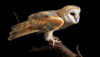 Bird of prey perching on branch, close up of animal eye generated by AI photo