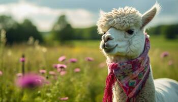 Cute alpaca grazing in green meadow, looking at camera, smiling generated by AI photo