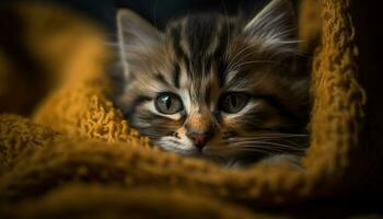Cute kitten with fluffy fur, staring with playful curiosity generated by AI photo