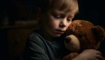 un linda niño jugando con un osito de peluche oso, lleno de alegría generado por ai foto