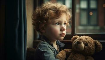 un linda caucásico chico sentado por el ventana, mirando adentro generado por ai foto