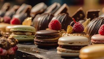 Homemade gourmet macaroon stack, a sweet temptation on rustic wood generated by AI photo