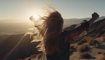 One woman enjoys the freedom of hiking in the mountains generated by AI photo