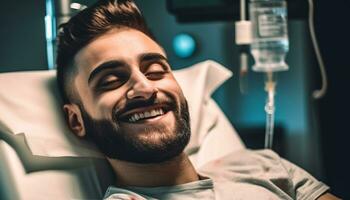 un sonriente adulto hombre descansando en un cómodo cama adentro generado por ai foto