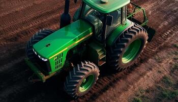 Agriculture farm tractor working outdoors, plowing land with heavy machinery generated by AI photo