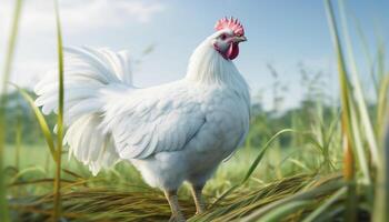 A beautiful rooster stands in a green meadow, crowing proudly generated by AI photo