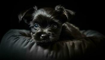 linda cachorro, pequeño terrier, negro fondo, mirando a cámara generado por ai foto