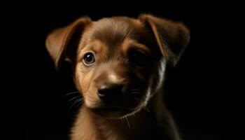 Cute puppy sitting, looking at camera, black background, purebred dog generated by AI photo