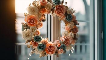 elegante ramo de flores de rosado flores adorna el ventana umbral adentro generado por ai foto