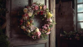 A rustic wooden door adorned with a colorful flower arrangement generated by AI photo