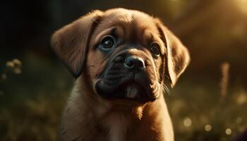 Cute puppy sitting in grass, looking at camera, enjoying nature generated by AI photo