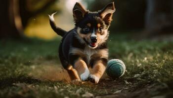 linda perrito jugando al aire libre, un pequeño perro disfrutando naturaleza generado por ai foto